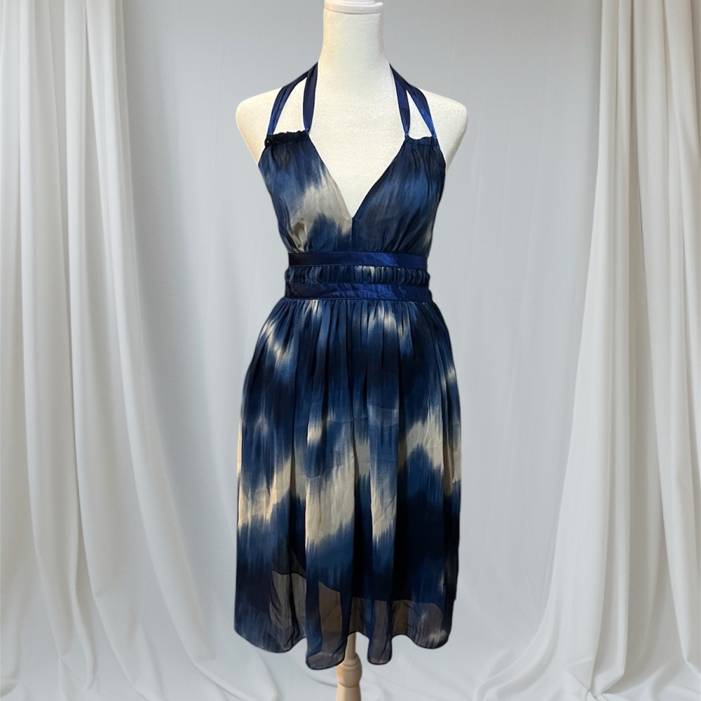 Elegant Blue and White/Beige Silk/Mesh Halter Dress